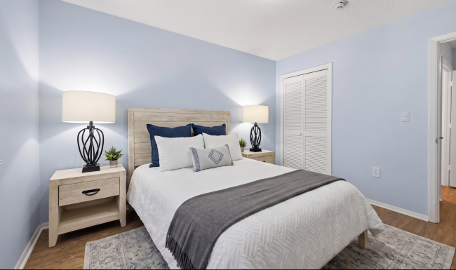 a bedroom with a bed and a rug